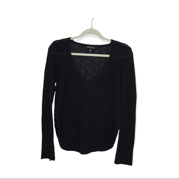 EXPRESS Black V-Neck Sweater with Lace Up Slide Slits S - Picture 2 of 7